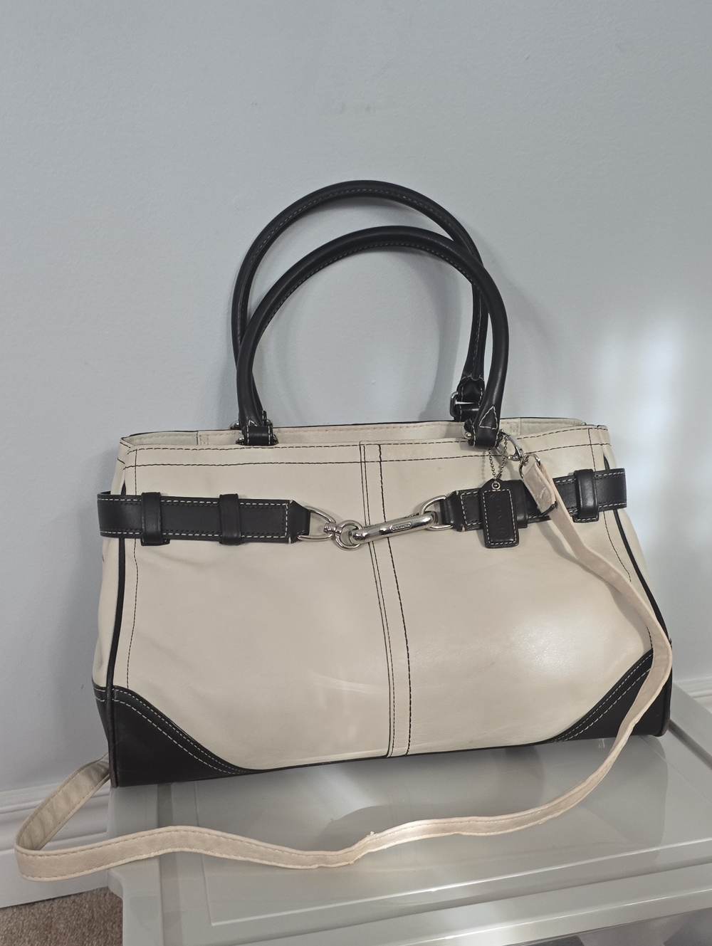 Coach Cream and Black Leather Tote Handbag with Silver Hardware
